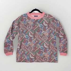 Vintage 90s Made in USA Blanket Print Woven Cotton Twill Pullover Sweater Top M